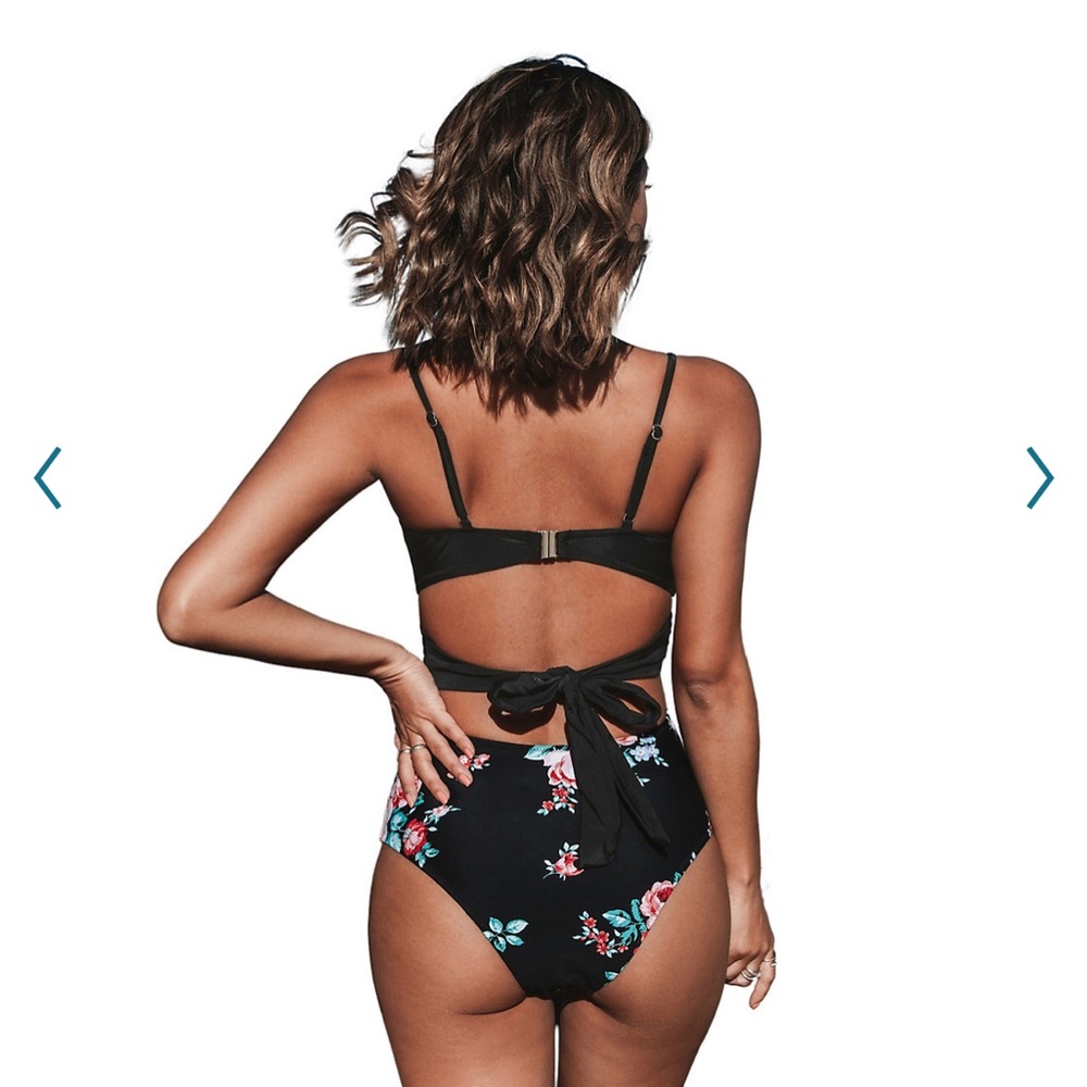 Cupshe Black & Floral Wrap Cutout One Piece Bathing Suit - Picture 2 of 3